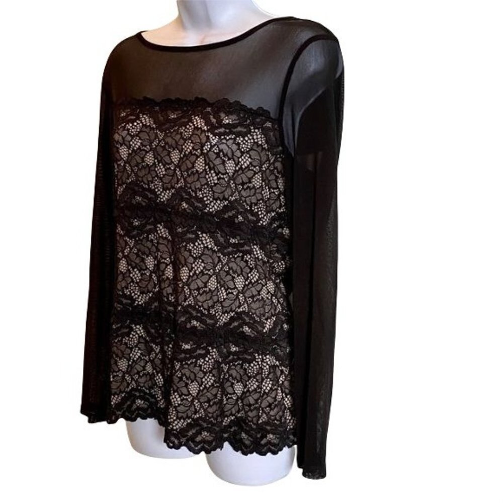 INC Petite Long Sleeve Top Black Lace over Cream Lining Women's Petite Medium